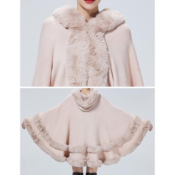 Women Hooded Poncho Cape Faux Fur Shawl Wrap with Fur Trim Sleeveless Cardigan - Picture 6 of 7